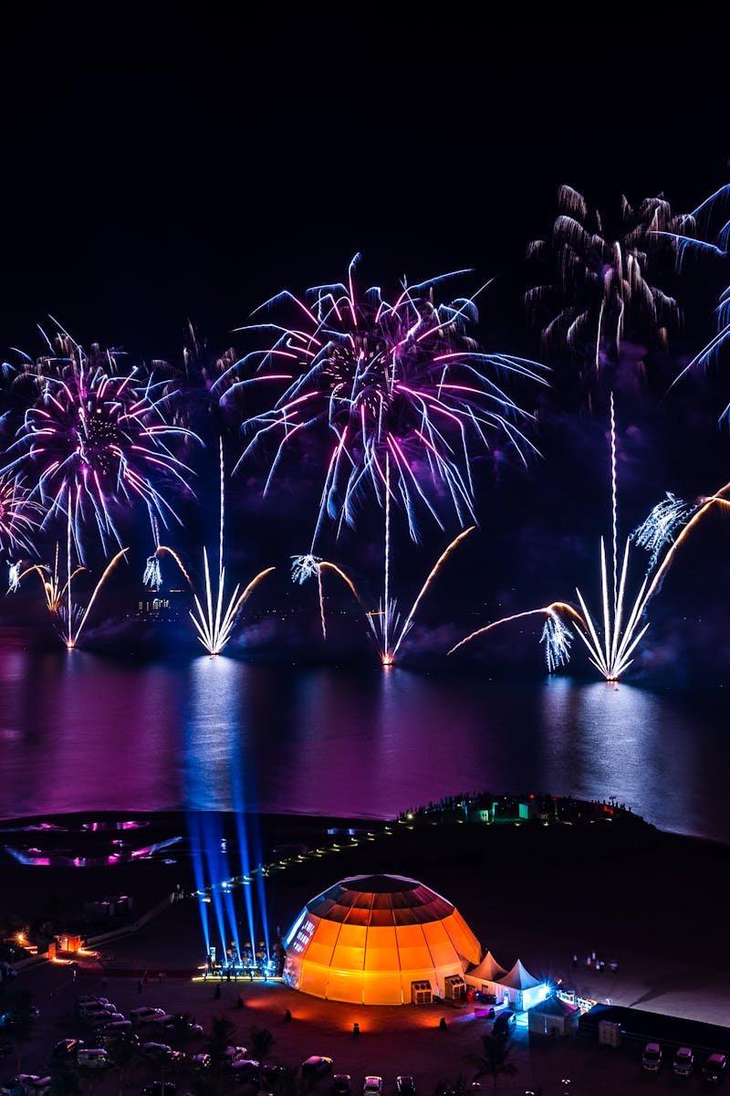 Dazzling fireworks illuminate the night sky over Ras Al-Khaimah, United Arab Emirates.